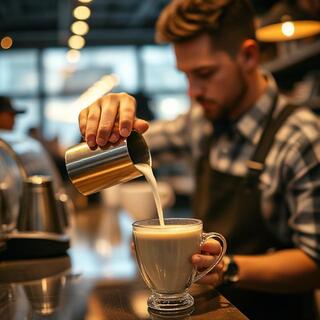 Cafe counter with milk pour into chai