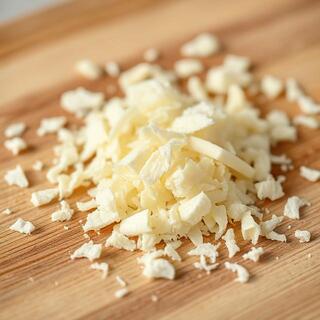 Fresh cheese shreds on a board