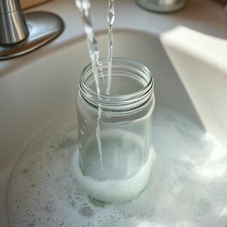 Washing a glass jar in warm soapy water