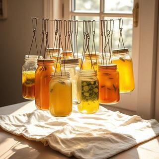 Jars sun-drying on a clean cloth