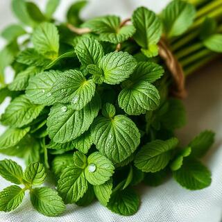 Fresh mint leaves bundled with twine
