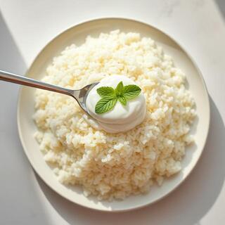 Poha topped with smooth curd and herbs