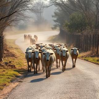 Herd walking a gentle lane curve