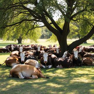 Cattle resting under shade trees
