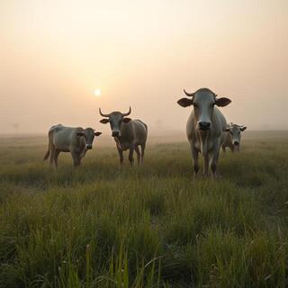 Cows at dawn on a misty pasture