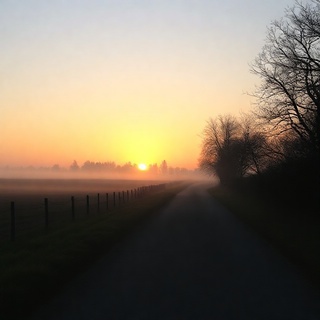 Farm lane in soft morning mist