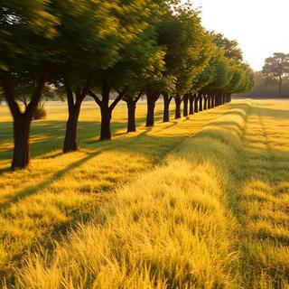 Row of shade trees beside pasture
