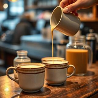 Small café counter with milk jars