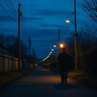 Lantern lighting a farm path at night