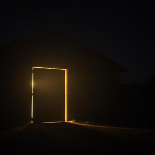 Closed shed door with soft light