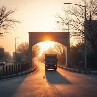 City edge road with archway at sunrise
