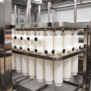 Stainless milk filter rack on a bench