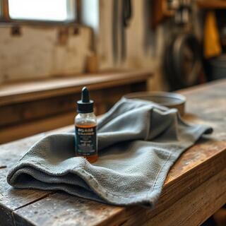 Oil can with a cloth on the bench