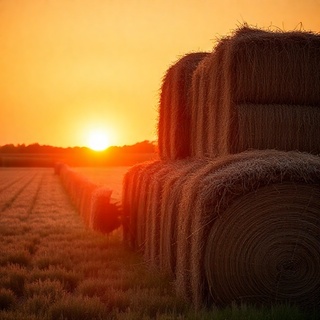 Hay rows glowing at sunset